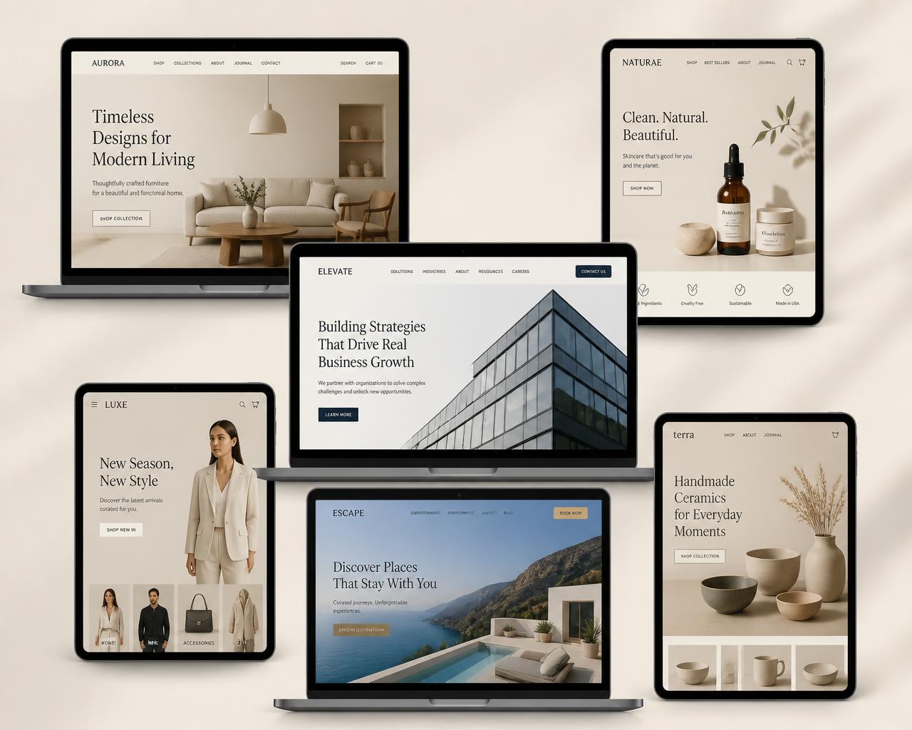 Collage of websites and ecommerce stores designed by Flashyfinds Digital Marketing